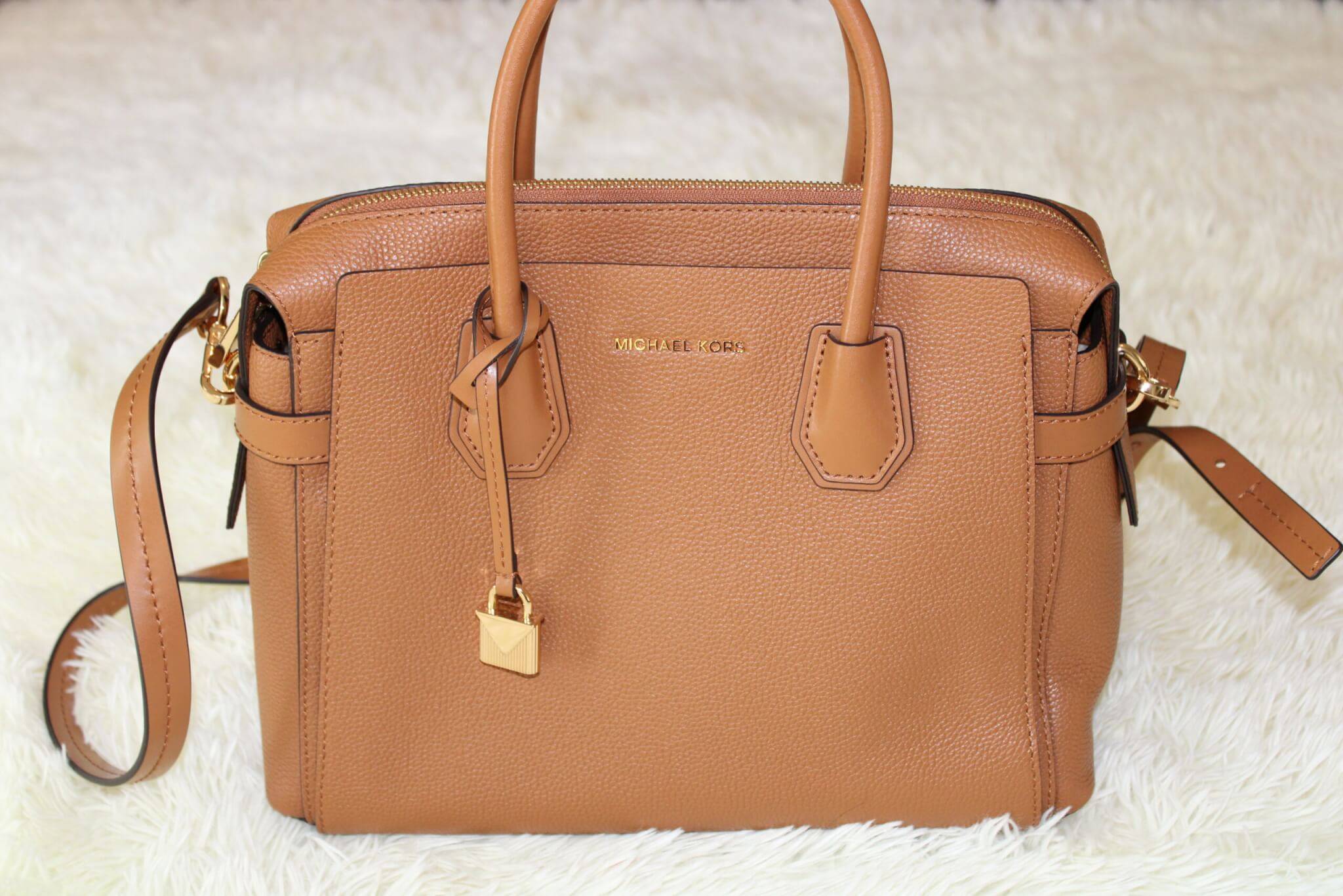 Michael kors mercer belted acorn brown leather medium satchel bag